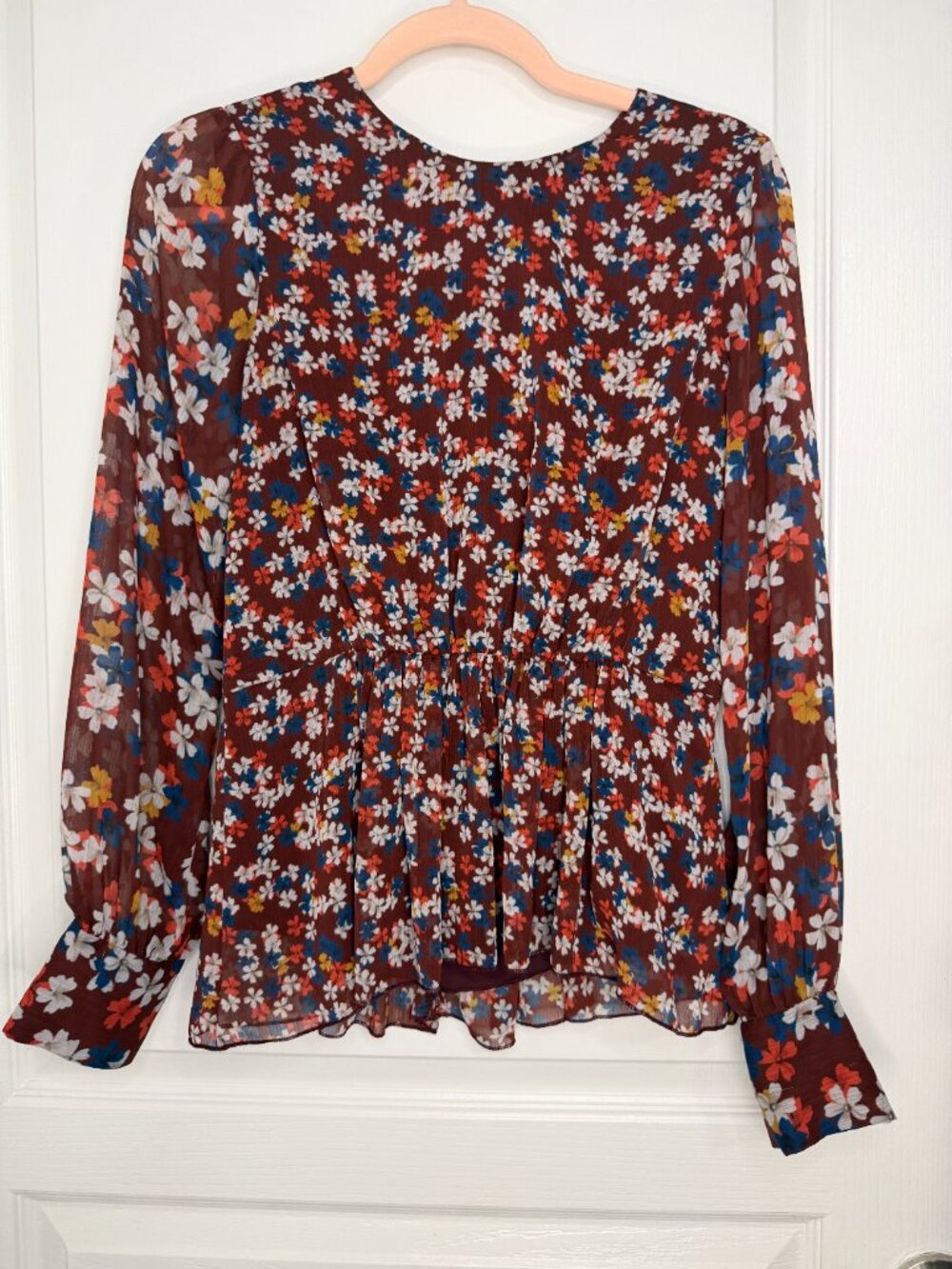Jason Wu Collective Floral Sheer Peplum Blouse -Boho-- Burgundy– 4- MSRP $350 - Picture 14 of 14